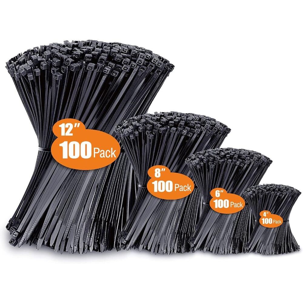 Zip Ties Assorted Sizes(4”+6”+8”+12”), 400 Pack, 4+6+8+12 (400 Pack), Black